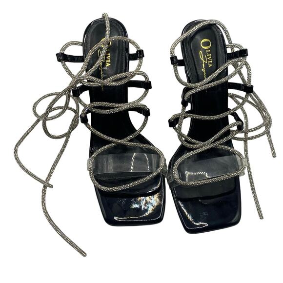 Olivia Jaymes Rhinestone Lace Up Heels Black Patent Clear Strap Size 8 formal - Picture 1 of 6